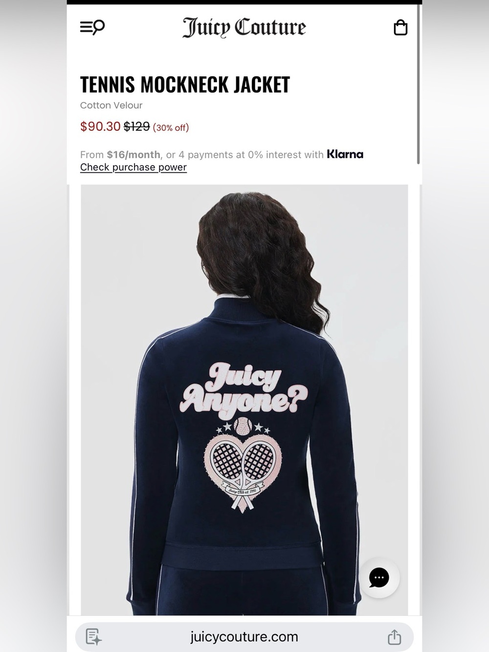 NWT Juicy Couture Women's Navy Pickleball Mockneck' Zip-up Velour Jacket